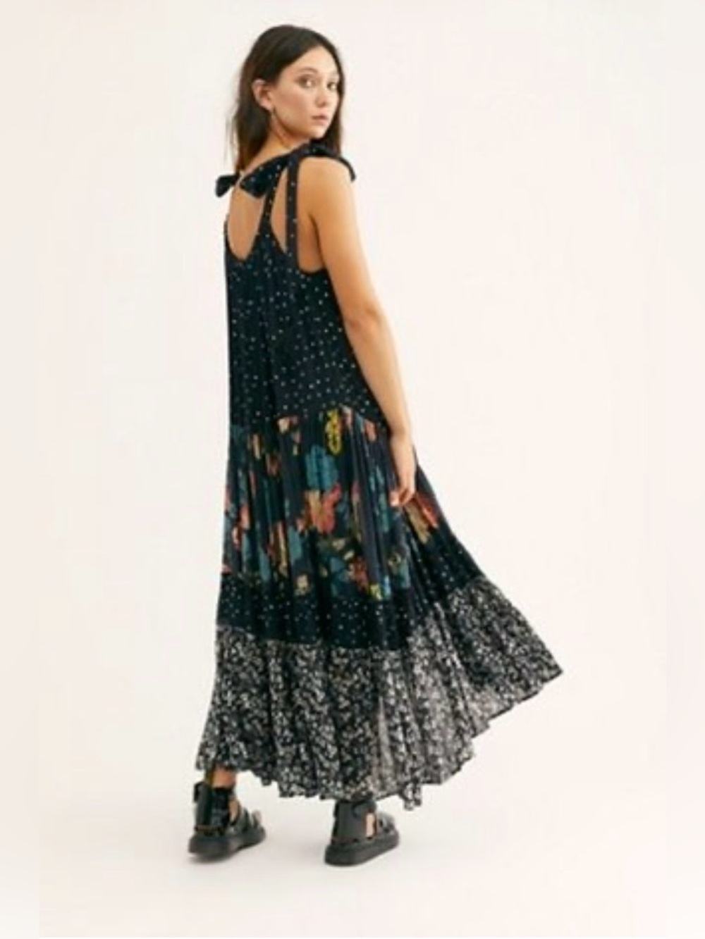 Free People Bare It All Printed Maxi Dress Small Black Floral Boho - Picture 6 of 8